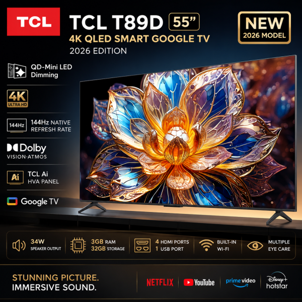 TCL 55" T89D 4K QLED Smart Google TV (2026) | 144Hz, QD-Mini LED, Dolby Vision Atmos
